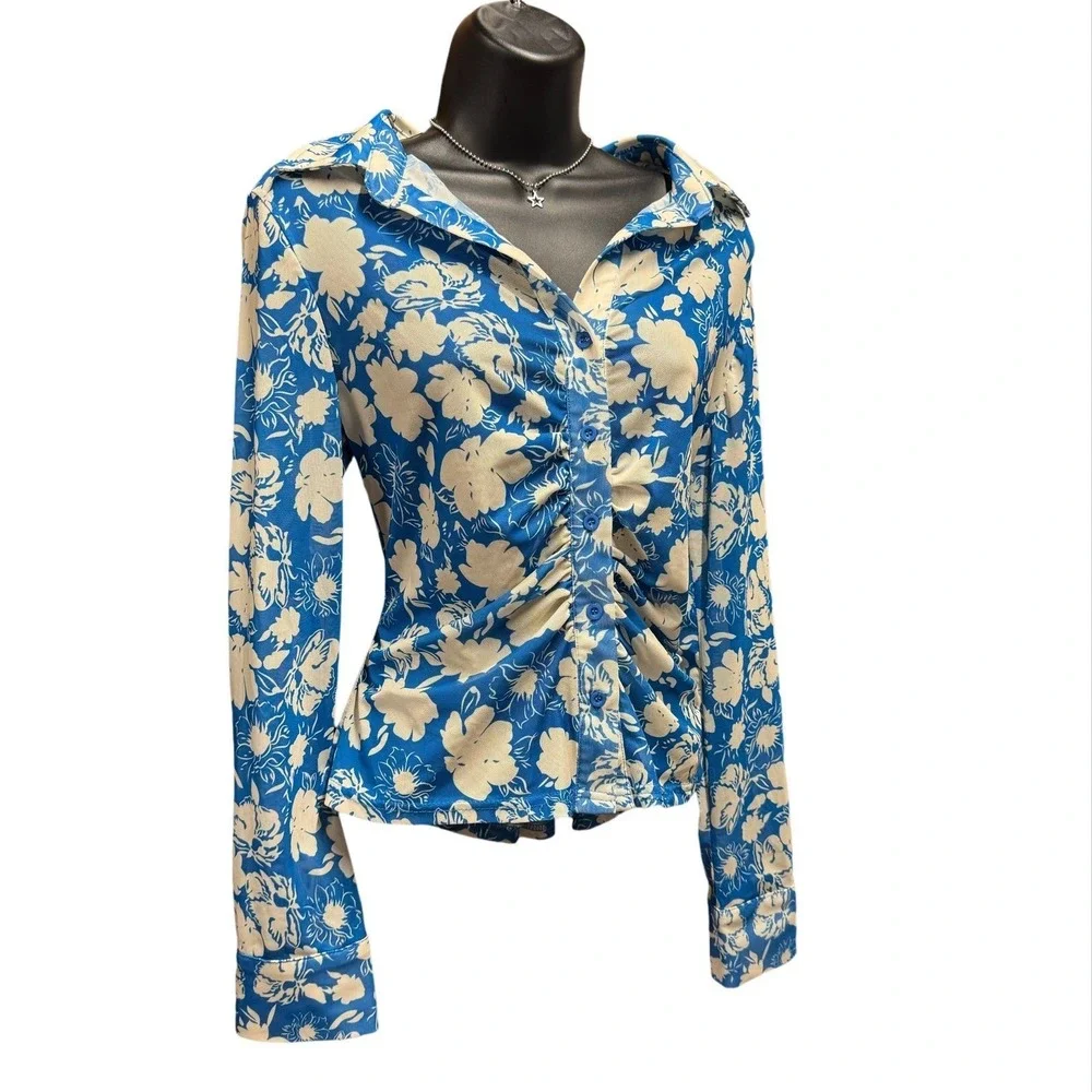 Y2K Mesh Rouched Button Top - Large - Blue and Offwhite Flowers Rave Festival - Picture 2 of 10